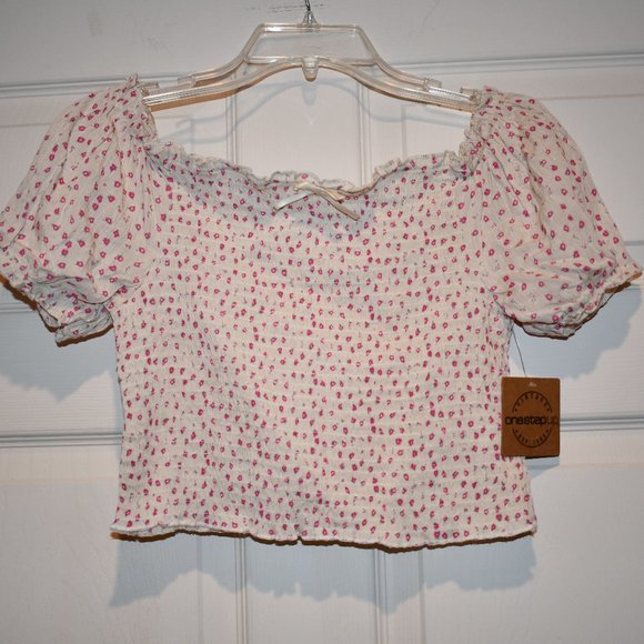 One Step Up Women's Beige Floral Smocked Off the Shoulder Peasant Blouse Size L - Picture 1 of 3
